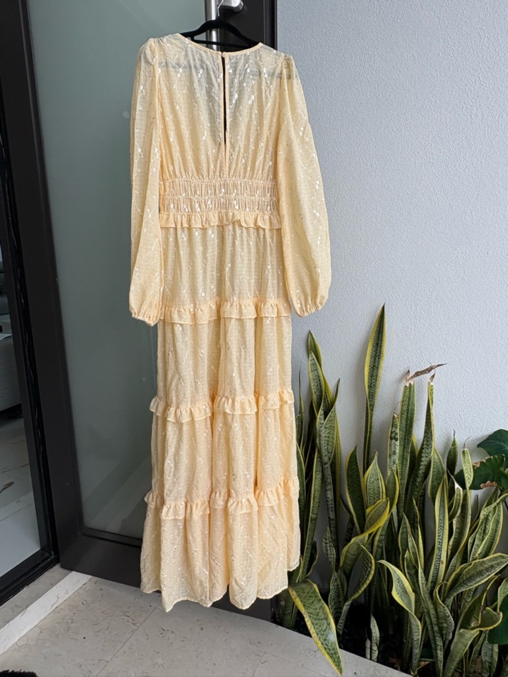Fashion Nova Pale Yellow Long Sleeve Tiered Maxi Dress